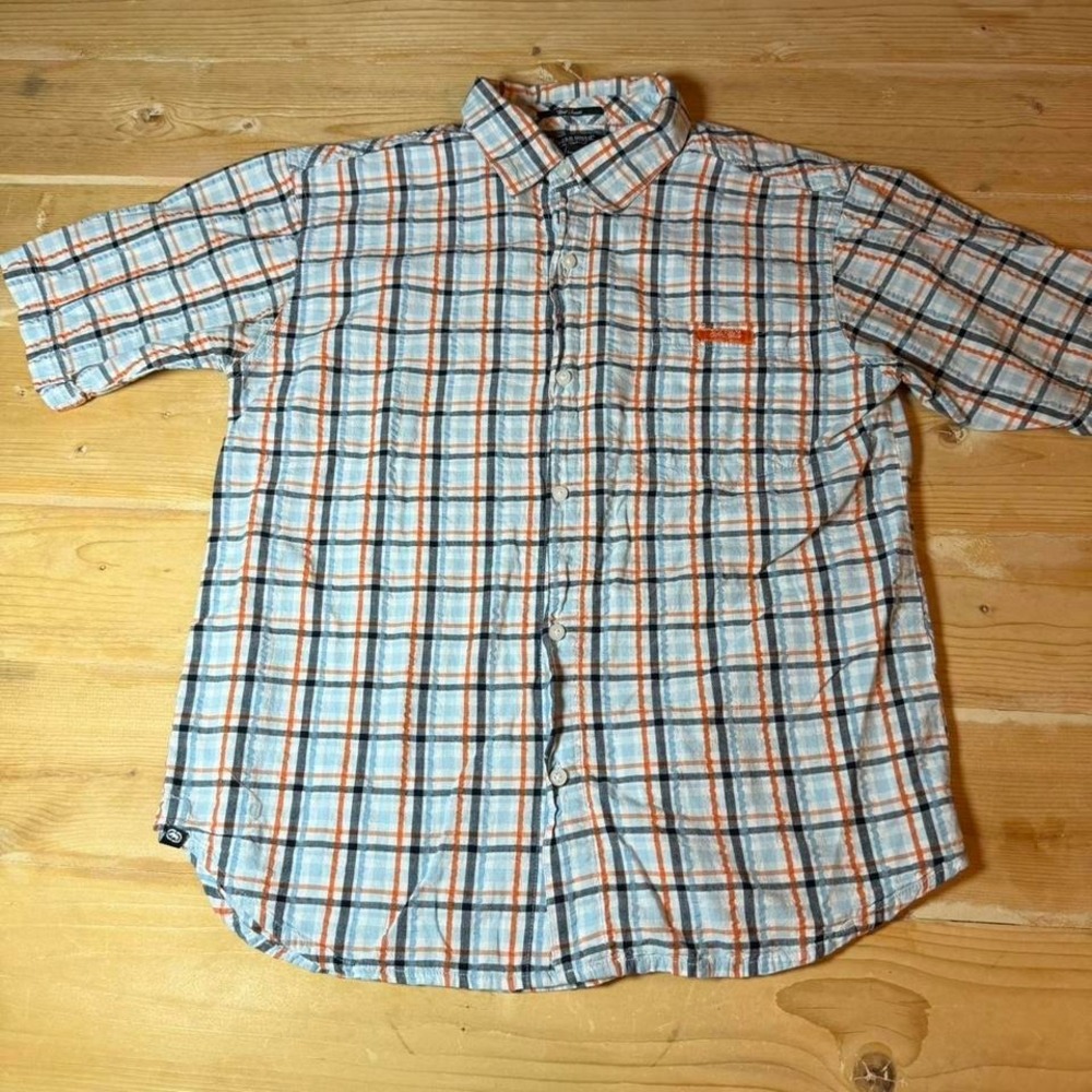 Ecko Unltd‎ Kids Boys Large Plaid Button Down Shirt Blue Orange Short Sleeve L